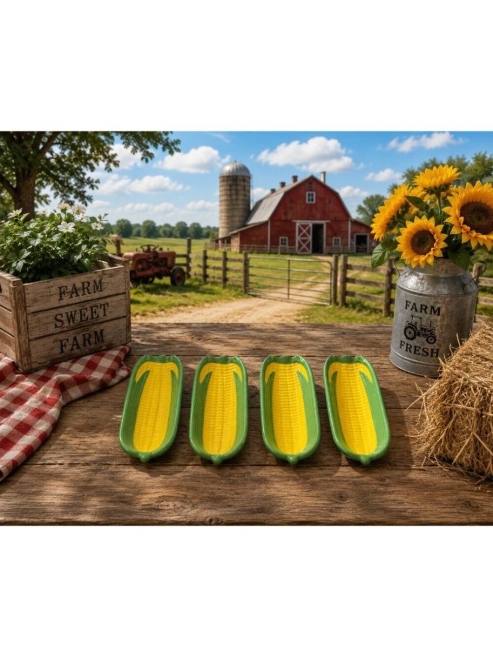 New Set Of 4 Yellow & Green Melamine Corn on the Cobb Dishes BBQ Picnic Party
